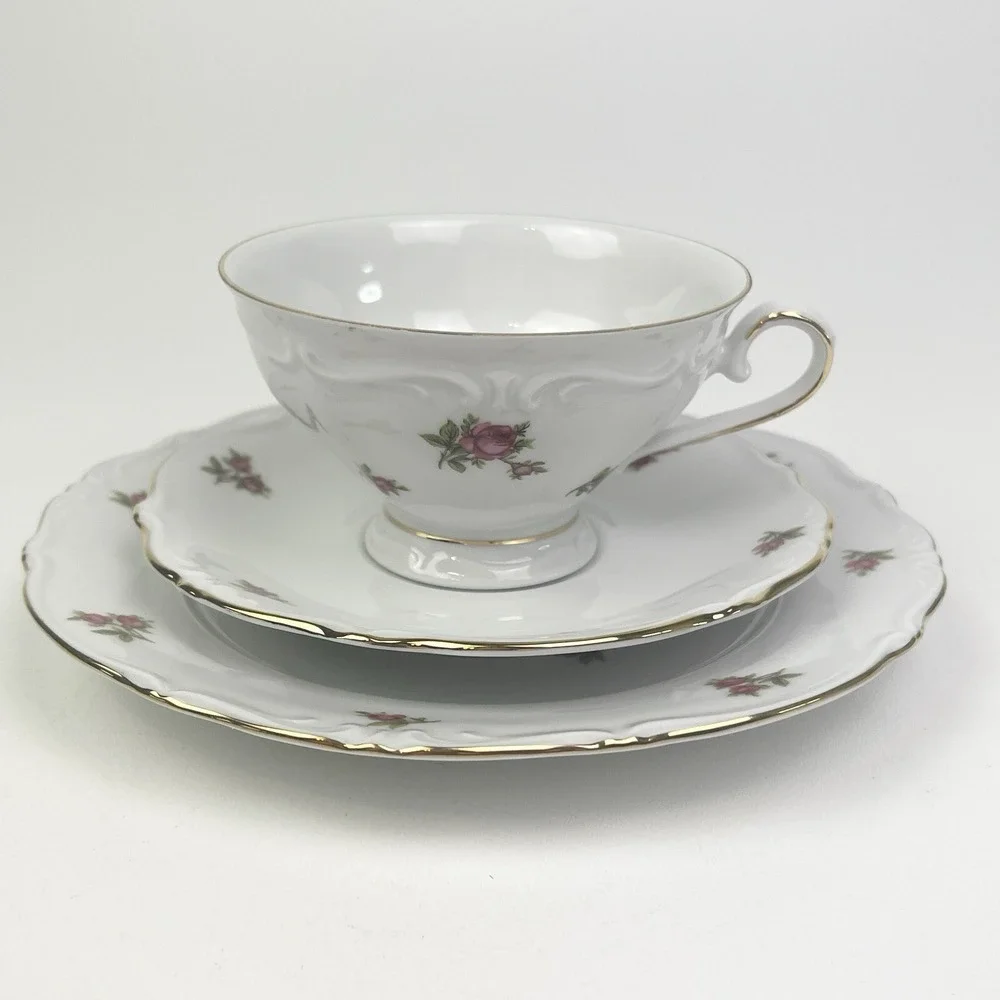 Bavaria Western Germany Elfenbein Rose Bud Pattern Tea Cup Saucer Plate 3 PC Set
